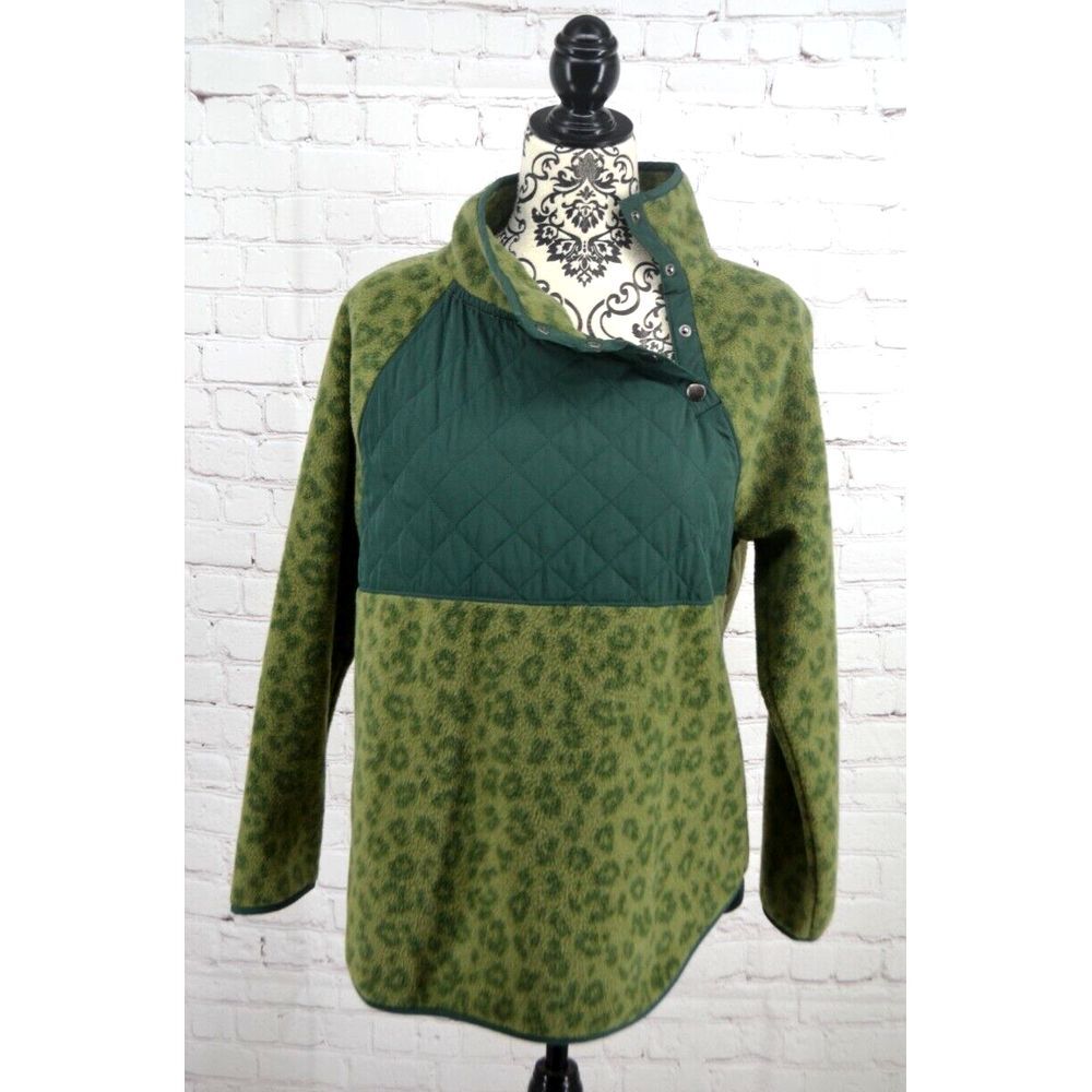 J. CREW Women's Quilted Button Neck Sherpa Tunic Fleece SIZE SMALL Green Leopard